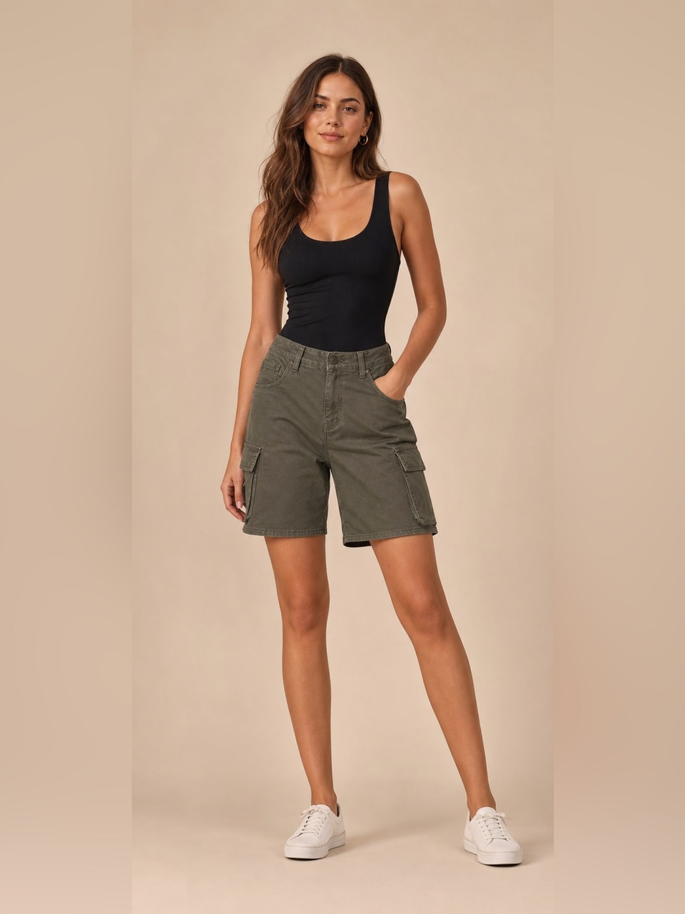 Good American Twill Cargo Shorts Olive Green NWT Sz 4/27 Utility Bermuda - Picture 1 of 10